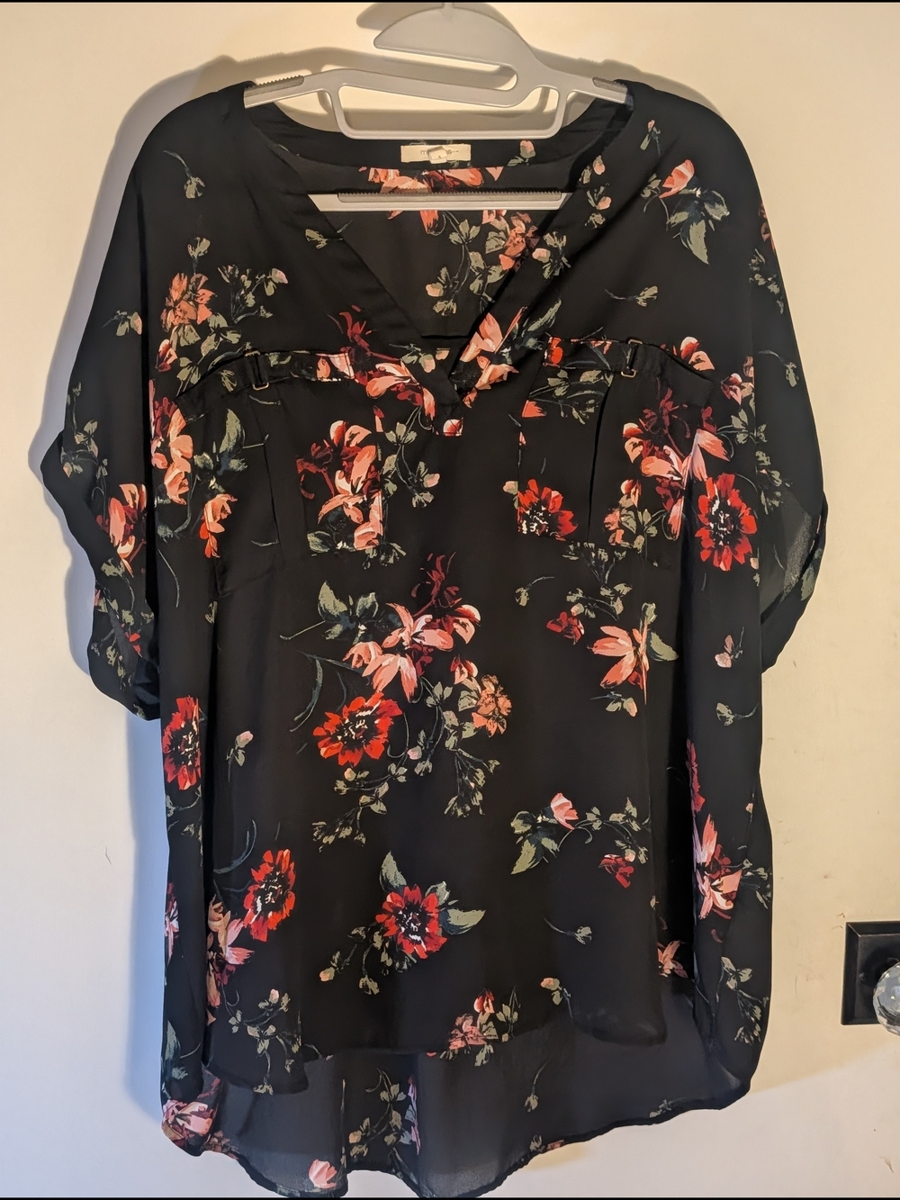 Maurices Black Floral V-Neck Dolman Blouse with Coral Accents
